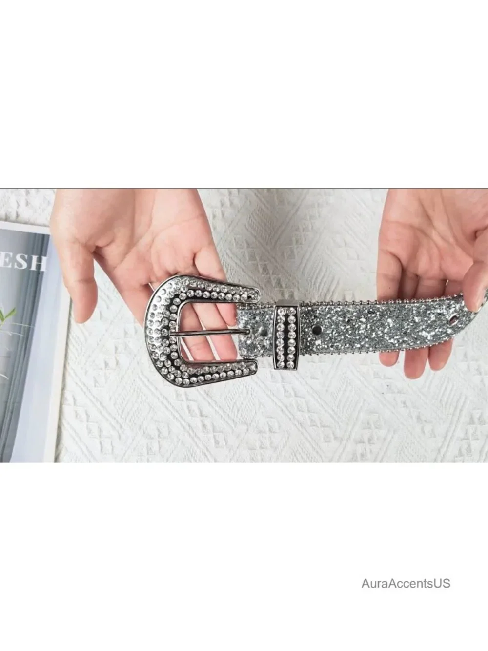 Rhinestone Sequin Studded Western Belt for Women Adjustable Faux Leather